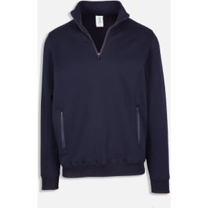 A navy half zip fleece jumper with zippered pockets and a collar. It has a logo on the label.