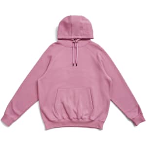 A pink men's cotton hoodie with a kangaroo pocket and a drawstring hood, featuring a logo.