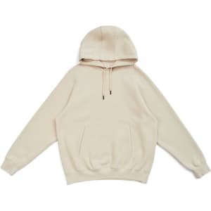 A beige men's cotton hoodie with a kangaroo pocket and a drawstring hood. Features branding on the sleeve.
