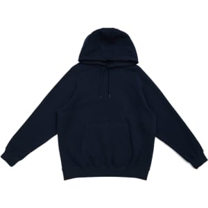 A navy blue men's cotton hoodie featuring a kangaroo pocket and a drawstring hood, with a logo displayed.