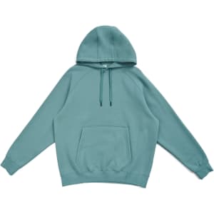 A teal kangaroo hoodie featuring a front pocket and a hood, designed for men. It has a logo on the garment.