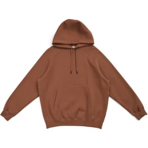 A brown cotton hoodie featuring a kangaroo pocket and hood. It has a simple design with long sleeves.