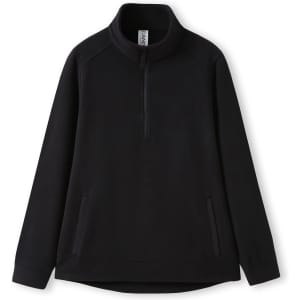 A black polar fleece half zip top with side pockets and a collar. Features a logo on the label.