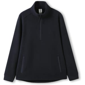 A navy polar fleece half-zip top with two side pockets and a collar, featuring a logo.