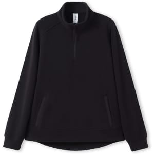 A black women's polar fleece half zip top featuring a collar and side pockets, with a branding logo.