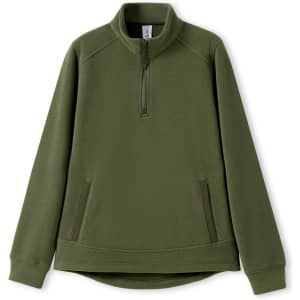 A green women's polar fleece half zip top with long sleeves and a zippered neck, featuring pockets and a logo.