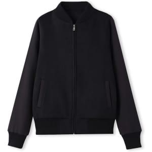 A black wool blend soft shell varsity jacket featuring a zip front and side pockets.