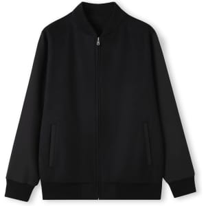 A black men's/unisex wool blend soft shell varsity jacket with a zip front and two side pockets.