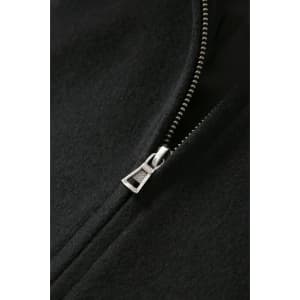 A black wool blend varsity jacket featuring a silver zipper detail. The fabric appears soft and textured.
