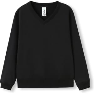 A black kids' v-neck fleece jumper with a relaxed fit and long sleeves. It features a ribbed hem and cuffs.