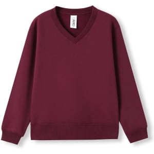 A burgundy kids v-neck fleece jumper with long sleeves and a ribbed hem. It features a logo on the label.