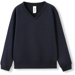 A navy kids' v-neck fleece jumper with long sleeves and a ribbed hem. It features a logo.