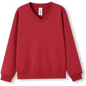 A red kids' v-neck fleece jumper with long sleeves and a rounded hem, featuring a branded label.