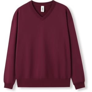 A burgundy men's/unisex V-neck fleece jumper featuring long sleeves and a ribbed hem. It has a branding label.