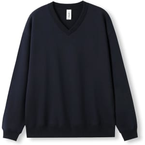 A navy men's/unisex V-neck fleece jumper with long sleeves and a ribbed waistband, featuring a logo.