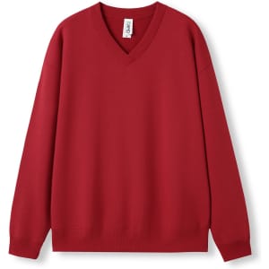 A red men's/unisex V-neck fleece jumper with a relaxed fit and ribbed cuffs. Features a logo on the label.