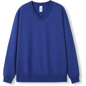 A blue unisex V-neck fleece jumper with long sleeves and a relaxed fit, featuring a logo.