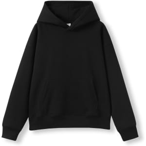 A black kid's oversize hoodie featuring a front pocket and a drawstring hood. It has a logo on it.
