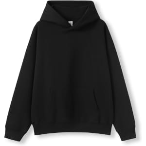 A black oversize hoodie with a hood and front pocket, featuring a logo on the tag.