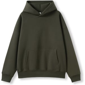 An olive green oversized hoodie with a front pocket and a hood, featuring a logo on the chest.