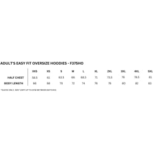 A size guide for Adult's Easy Fit Oversize Hoodies, listing measurements for various sizes from XXS to 5XL.