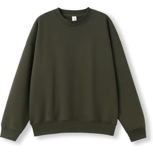 An olive green adult's oversized crew neck fleece jumper with a relaxed fit and ribbed cuffs.