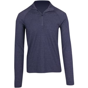 A navy blue men's half zip mock neck jumper with long sleeves and a subtle logo.