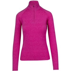 A pink long-sleeve half zip mock neck shirt with a fitted silhouette and a logo.