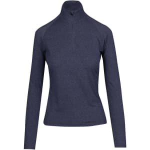 A navy mock neck half zip shirt for women with long sleeves and a fitted design. Features a logo on the fabric.