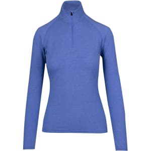 A blue half zip mock neck shirt for women with long sleeves and a fitted design. The shirt features a logo.