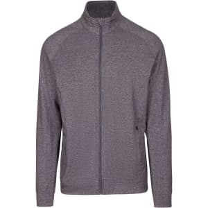 A grey heather zip-up jacket featuring a collar and a logo. Suitable for various casual occasions.