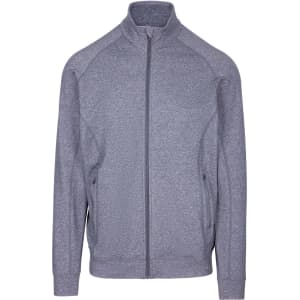 A grey heather jacket with a zip front, side pockets, and a collar. Features branding on the front.