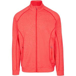 A men's jacket in a vibrant heathered coral colour, featuring a zip front and two side pockets. It has a logo.