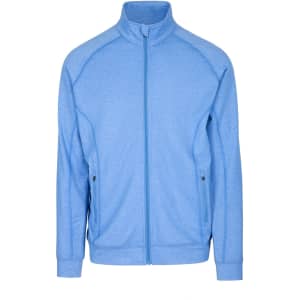 A blue jacket with a zip front and stand-up collar, featuring a logo on one side.