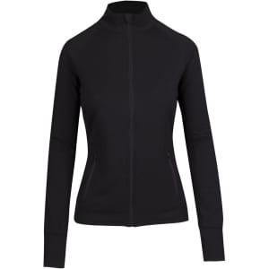 A black women's jacket with a zip front, high collar, and long sleeves featuring side pockets and a logo.