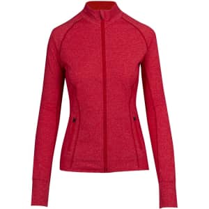 A red, long-sleeved women's jacket with a zip front, featuring a logo on the front.