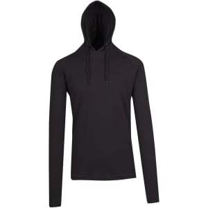 A black unisex FUSION T-shirt hoodie with long sleeves and a hood, featuring a simple design.