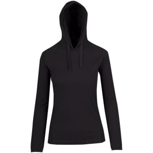A black women's fusion T-shirt hoodie featuring a hood and long sleeves, with a logo on the front.