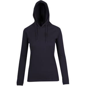 A women's black fusion T-shirt hoodie with a front pouch pocket and drawstring hood. Features a logo.