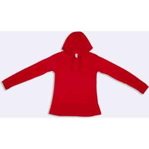 A red women's fusion T-shirt hoodie with long sleeves and a hood. It features a logo on the front.