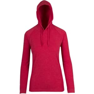 A red women's fusion T-shirt hoodie with a hood and long sleeves. It features a logo on the chest area.