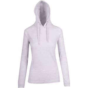 A women's light grey fusion T-shirt hoodie with a drawstring hood and long sleeves, featuring a logo.