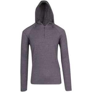 A grey half-hood top with long sleeves and a zippered front, featuring a hood and branding.