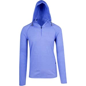A blue half-hood top featuring a zippered neckline and a hood, with long sleeves. It has a logo on it.