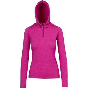 A pink women's half-hood top with long sleeves and a hood, featuring a drawstring adjustment and a logo.