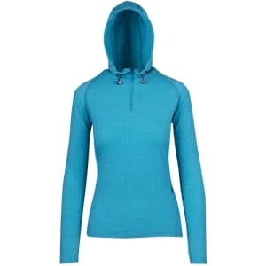 A turquoise women's half-hood top with long sleeves and a zippered neck, featuring a logo.