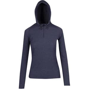 A women's half-hood top in navy blue with a zipper and a logo on the side. Features long sleeves and a hood.