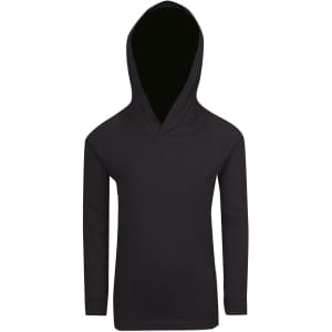 A black hoodie with a large hood and long sleeves, featuring a logo on the front.