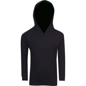 A black hoodie with a rounded neckline and long sleeves, featuring a hood. Suitable for kids.