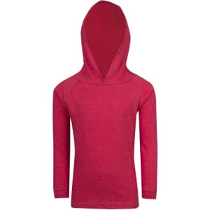A red hoodie featuring a hood and long sleeves, designed for kids. It has a smooth finish and a simple style.